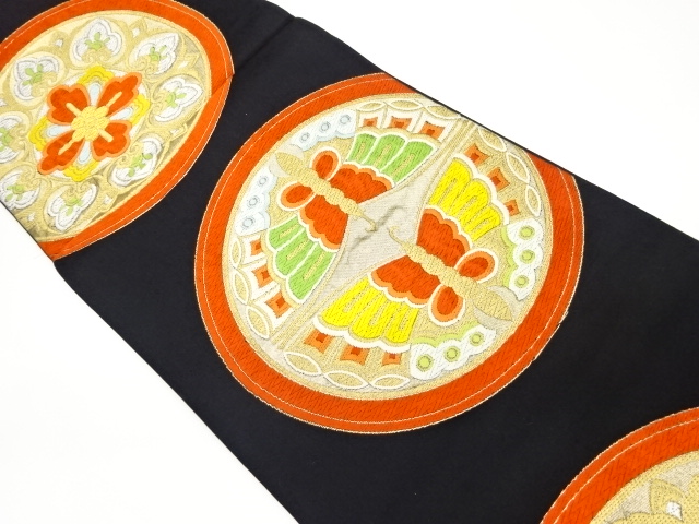 リサイクル　丸紋に向かい蝶・華文模様織出し袋帯